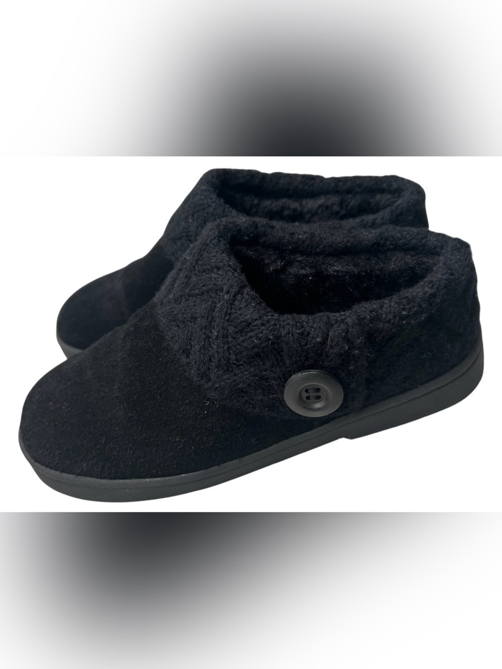 Clarks Womens Black Suede Knit Sweater Clog Slippers Size 8 Faux Fur Lined